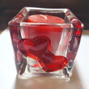 Valentine's Glass Candle Holder with Double Red Hearts Each Side